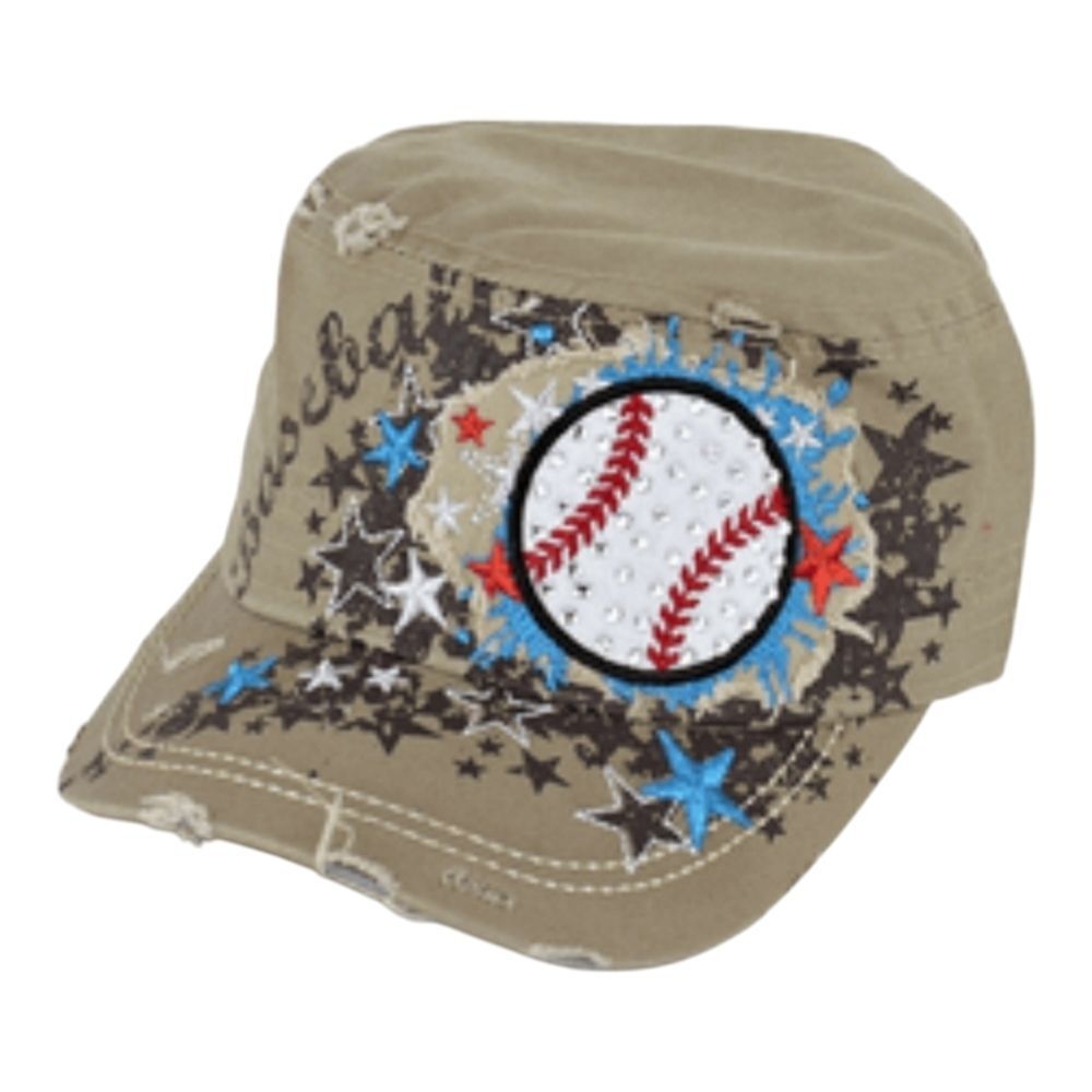 Leader Rhinestone Bling Baseball Theme Embroidered Tan Cadet Cap Distressed Hat